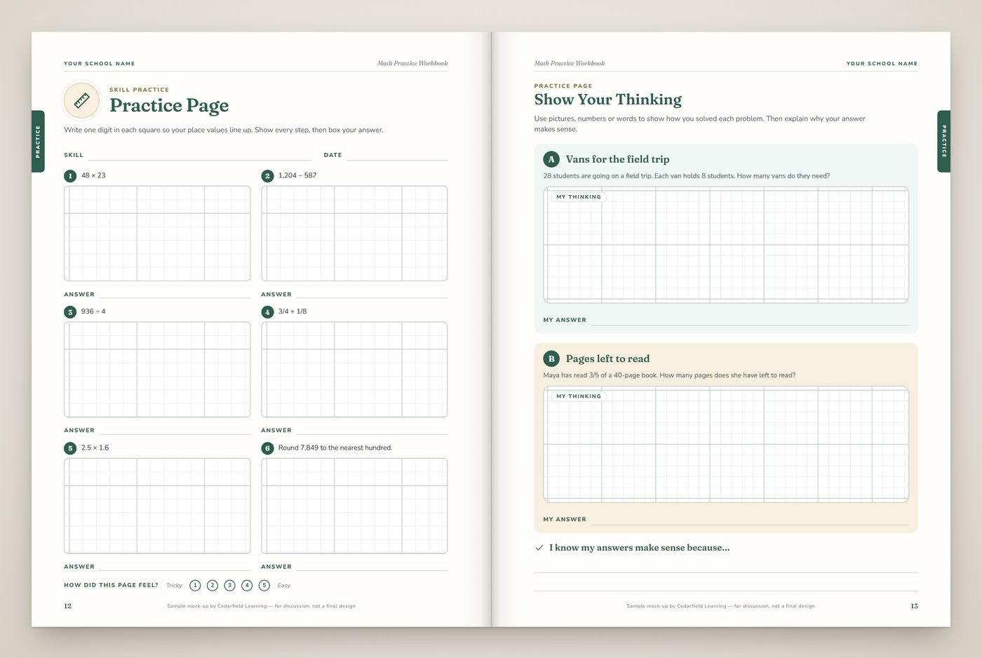 Math Practice Workbook — sample interior pages