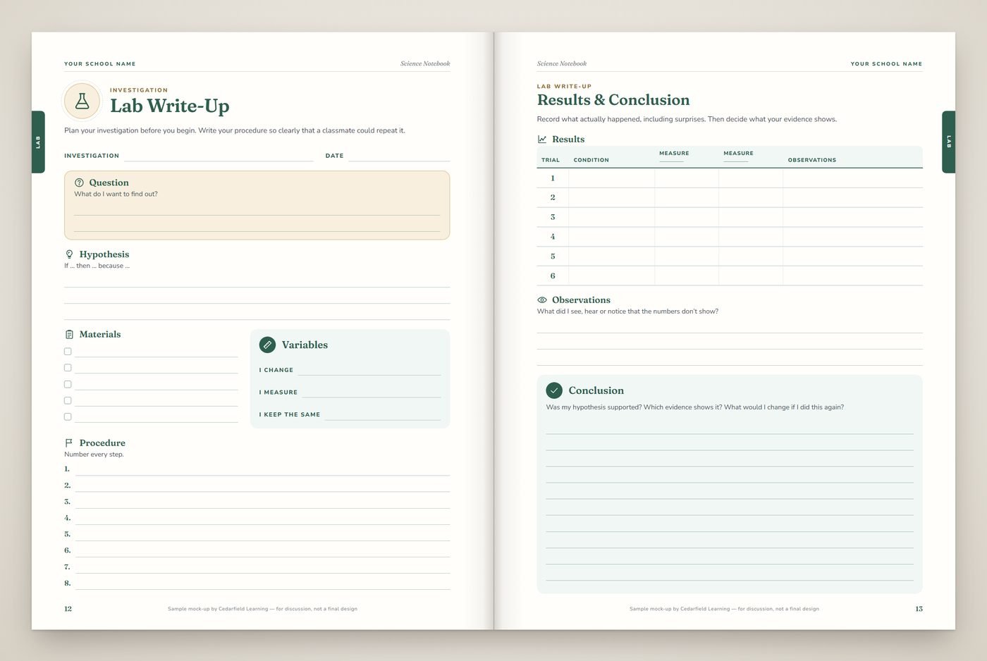 Sample science notebook interior pages