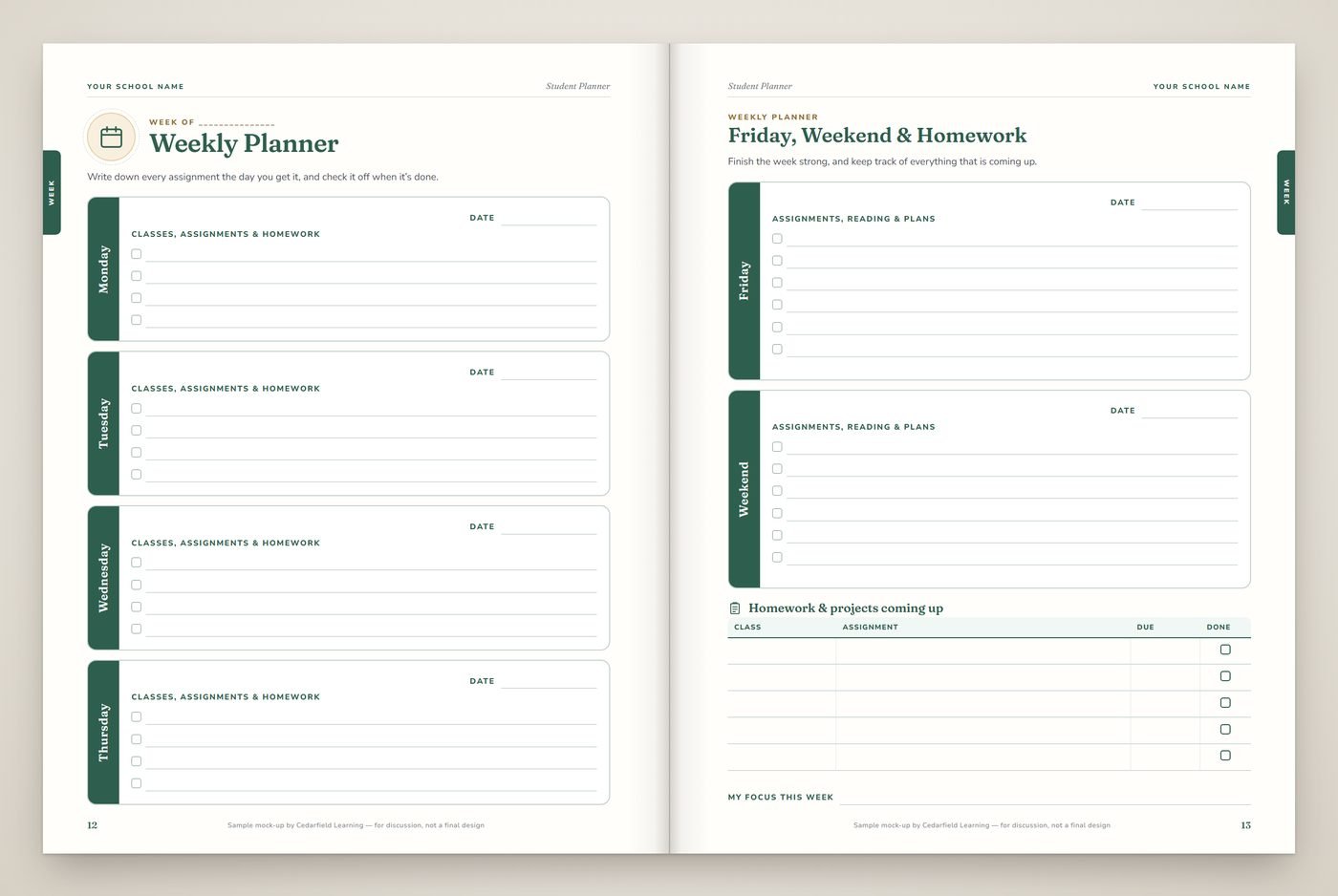 Sample student planner pages