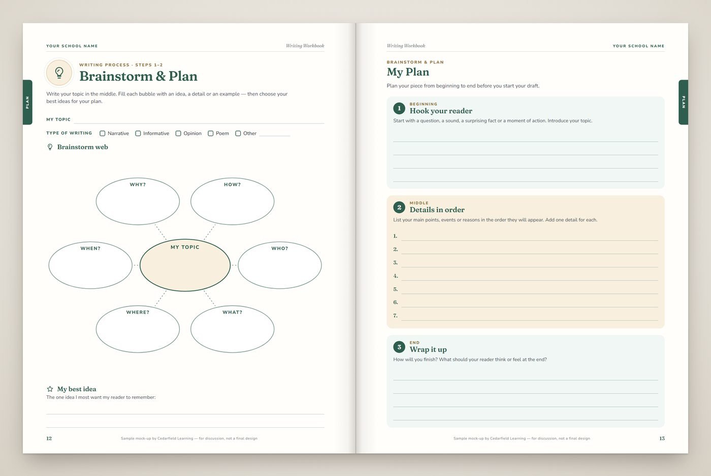 Writing Workbook — sample interior pages