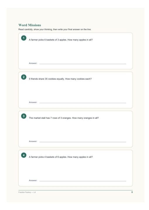 Sample exercise page — Fraction word problems · Grades 4–5
