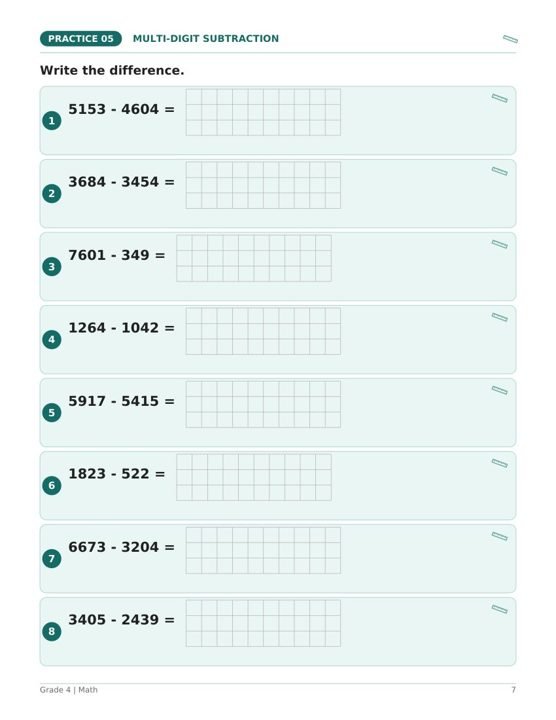Sample exercise page — Multi-digit math · Grade 4