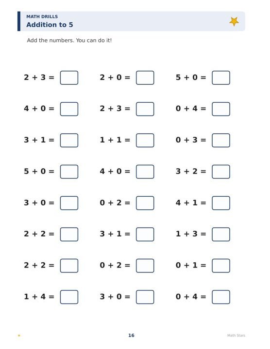 Sample exercise page — Math facts · Grades K–2