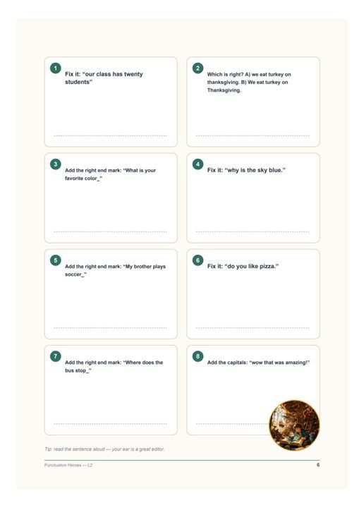 Sample exercise page — Punctuation · Grades 2–4