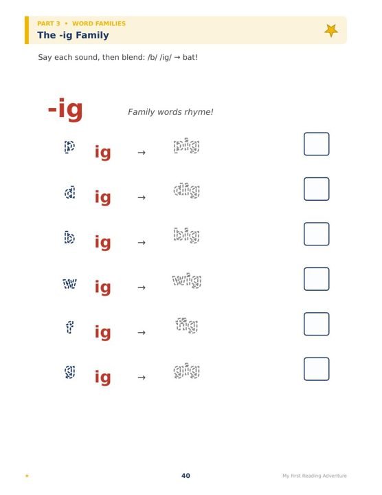 Sample exercise page — Word families · Ages 4–6