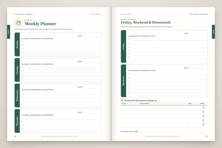 Student Planner — weekly planning spread